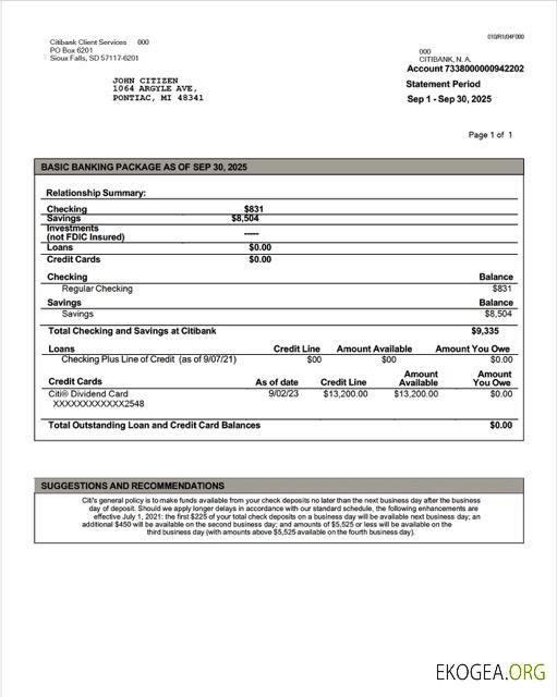 Modèle Word et PDF de relevé de compte Citibank aux États Unis, version 2
